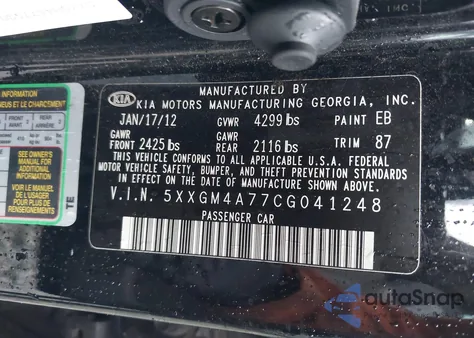 2012 Kia Optima Lx z USA, uszkodzony, nr VIN 5XXGM4A77CG041248